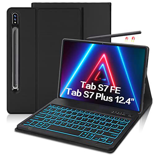 Funda Teclado para Samsung Galaxy Tab S7 FE/ S7 Plus/S7+ 12.4" SM-T970/T975/T976 Funda Delgada Retroiluminación Bluetooth Francesa [AZERTY] Teclado