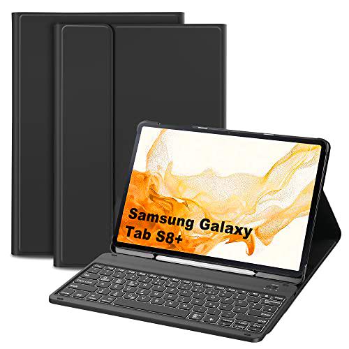 JANOLTY Teclado compatible con Samsung TAB S8+/Tab S8 Plus &amp; Tab S7 FE &amp; Tab S7+/Tab S7 Plus QWERTZ inalámbrico Bluetooth Samsung Galaxy Tab S8+ 2022 12.4 pulgadas funda con teclado negro
