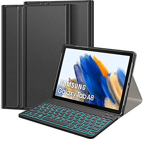 TASTATUR Funda con Teclado para Samsung Galaxy Tab A8 10,5&quot;(SM-X200/X205)2022,Teclado Bluetooth 7 Colores Retroiluminada Español Ñ Delgada Teclado Bluetooth Inalámbrico Desmontable de Samsung A8 Negr