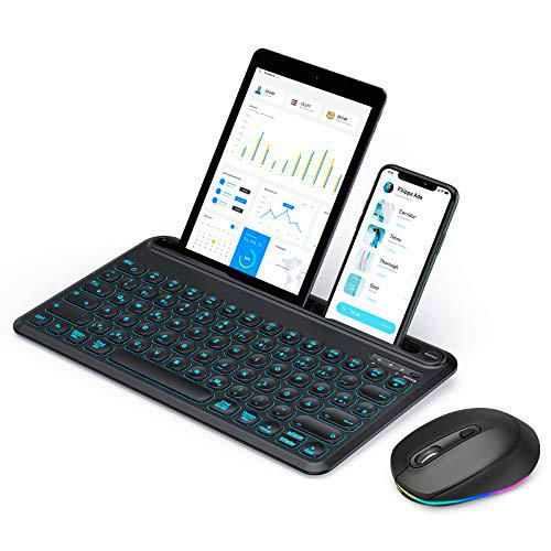 Teclado Bluetooth con ratón, 3 canales, teclado inalámbrico iluminado con soporte para tableta