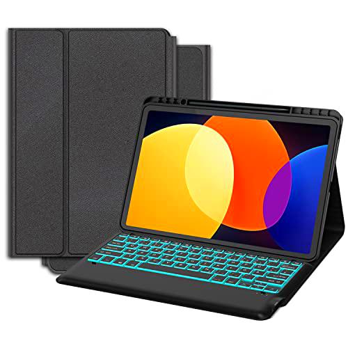 Funda para teclado iluminado de 7 colores para Xiaomi Pad 5 Pro 12.4 pulgadas 2022,ROOFEI inalámbrico Bluetooth recargable extraíble alemán QWERTZ teclado con funda TPU para Mi Pad 5 Pro 12.4 pulgadas