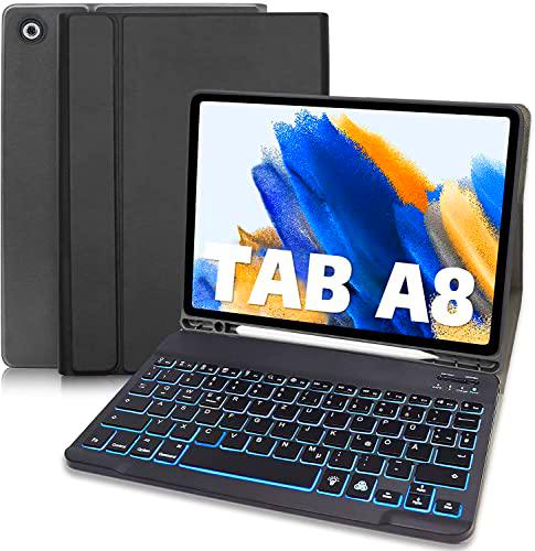 YUEJIDZ Funda Teclado para Samsung Galaxy Tab A8 10.5" 2021 Modelo SM-X200/X205/X207 Slim Stand Cover Magnética Desmontable Teclado Inalámbrico Retroiluminado (German Layout) Negro