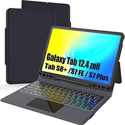 Folio,Funda de teclado para Samsung Galaxy Tab S7 FE /S8 Plus/S7 Plus de 12.4 pulgadas,Teclado QWERTZ inalámbrico alemán con trackpad,Iluminación táctil teclado para Tab S8+ 2022/S7 FE 2021/S7+ 2020