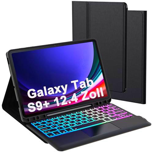 Funda para Samsung Galaxy Tab S9 Plus con teclado: 12,4 pulgadas Samsung Tab S9 Plus teclado inalámbrico con panel táctil e iluminación de 7 colores