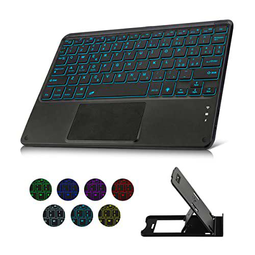 KOOCHUWAH Teclado K08 con teclado táctil QWERTY italiano inalámbrico Bluetooth 3.0 recargable para cualquier sistema operativo iOS/Android/Windows 7 colores retroiluminados (Tasta con soporte)