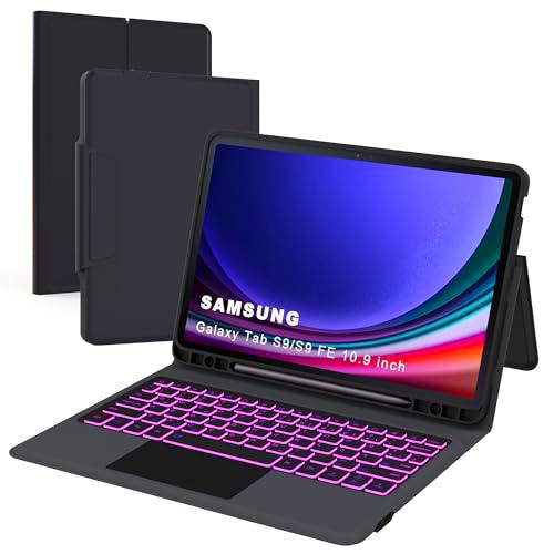 ROOFEI Funda con teclado para Samsung Galaxy Tab S9 FE/S9: 11 pulgadas Galaxy Tab S9 FE Teclado QWERTZ alemán con panel táctil | Iluminación de 7 colores teclado inalámbrico para Samsung Tab S9 2023