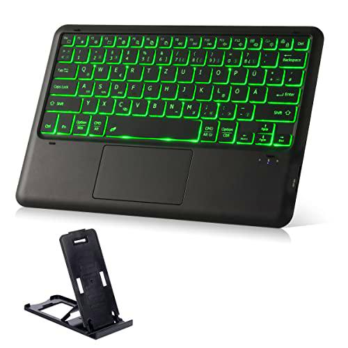 Teclado Bluetooth con Touchpad Teclado QWERTZ Recargable con Iluminación Teclado Inalámbrico con 11 Colores Iluminado con Soporte para iPad