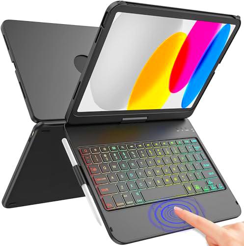 2022 Funda para iPad de 10.9" de 10.ªgeneración con Teclado,Cubierta Protectora giratoria de 360ºcon portalápices,10 Teclas retroiluminadas de Color y multitáctil