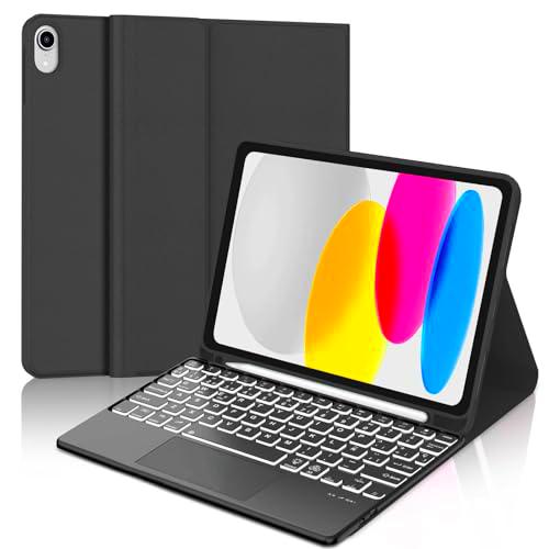 WINCHKING Funda con Teclado 10 Generación 10.9 Pulgadas 2022 Multi Touch Trackpad 7 Colores Iluminación Magnético Desmontable Teclado Bluetooth Disposición QWERTZ Negro