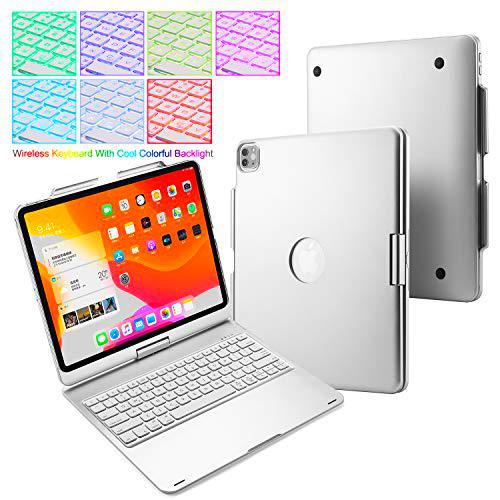 UIQELYS 2018/2020 iPad Pro 12.9 pulgadas retroiluminado funda delgada portátil giratoria 360º teclado Bluetooth 5.0 inalámbrico con batería recargable incorporada (plata)