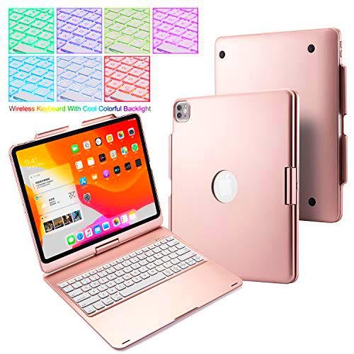 UIQELYS 2018/2020 iPad Pro 12.9 pulgadas retroiluminado funda delgada portátil giratoria 360º teclado Bluetooth 5.0 inalámbrico con batería recargable incorporada (rosa)