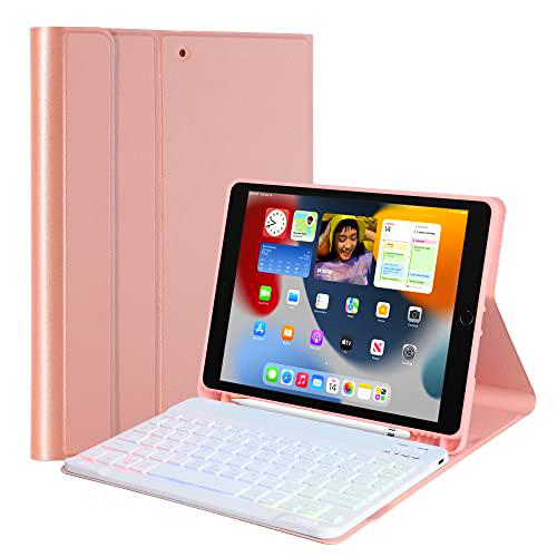 LIBOZMKO Teclado Funda Compatible con iPad 2021(9th Gen)/iPad 2020(8th Gen)/iPad 2019(7th Gen) 10.2 Pulgadas QWERTZ Iluminación Magnética Desmontable Teclado con Funda TPU Oro Rosa